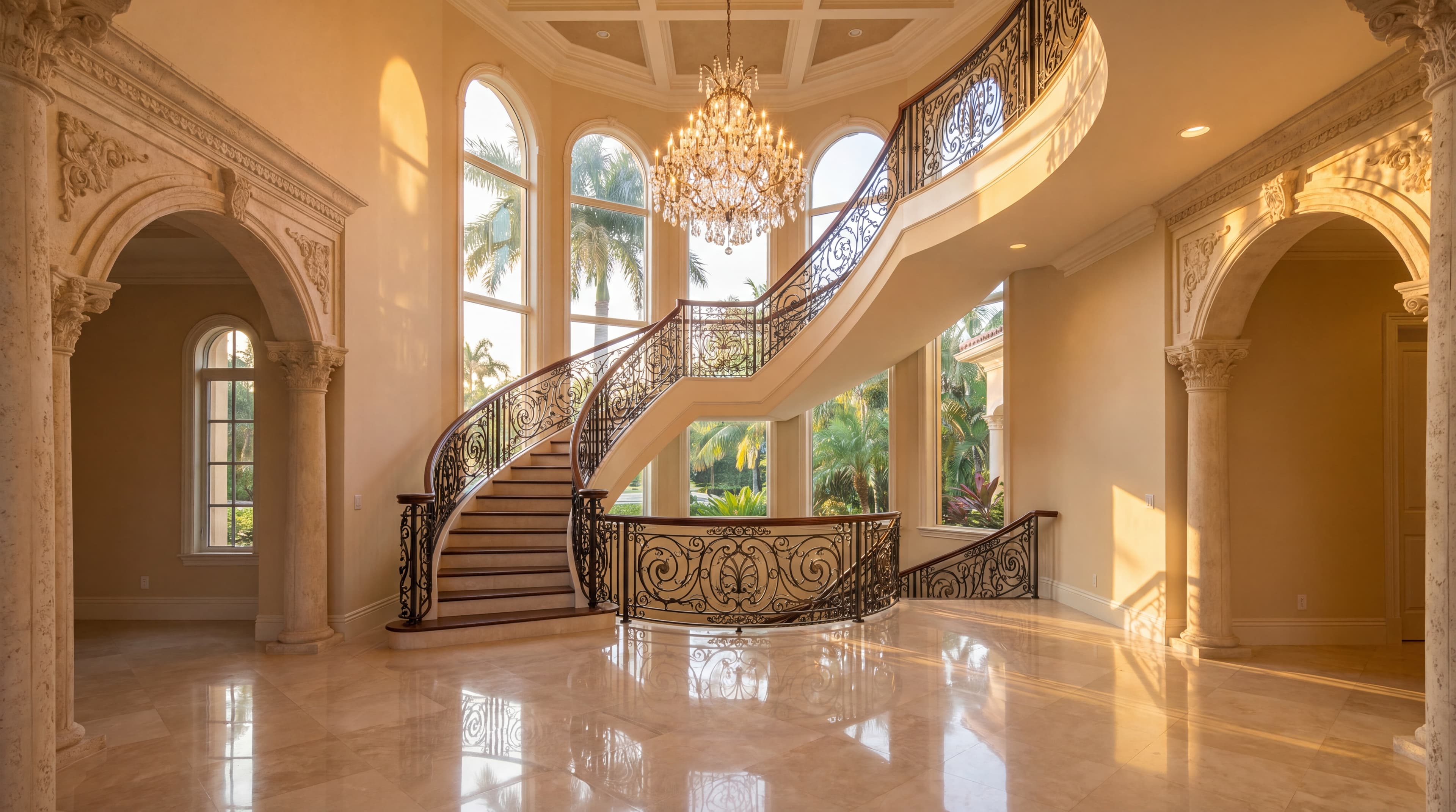 Vestíbulo de casa de lujo en Boca Raton, Florida con piso de mármol Cremà pulido espejo, escalera curva y candelabro de cristal