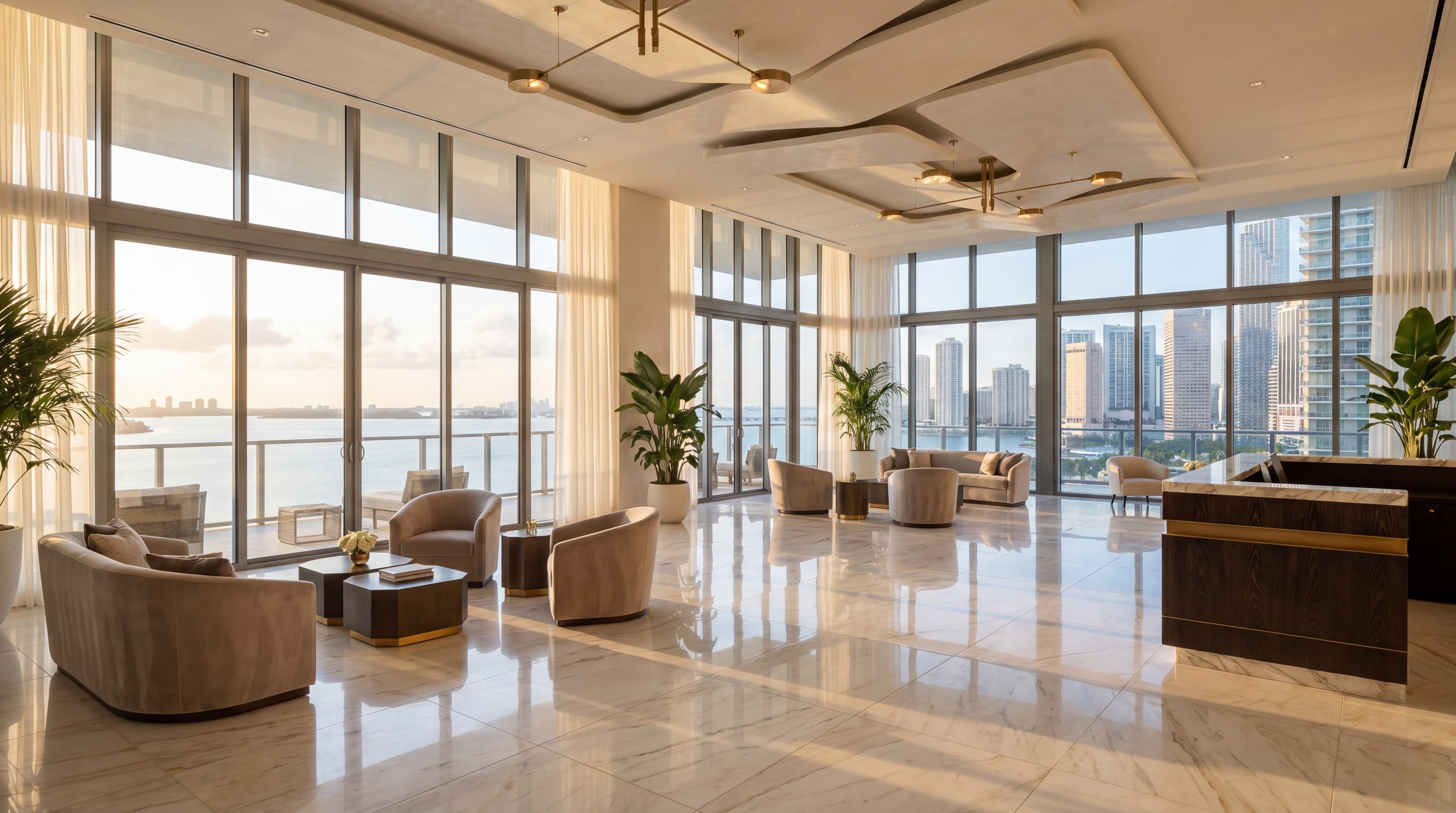 Vestíbulo de mármol pulido de un rascacielos de lujo en Brickell, Miami con vista a la bahía