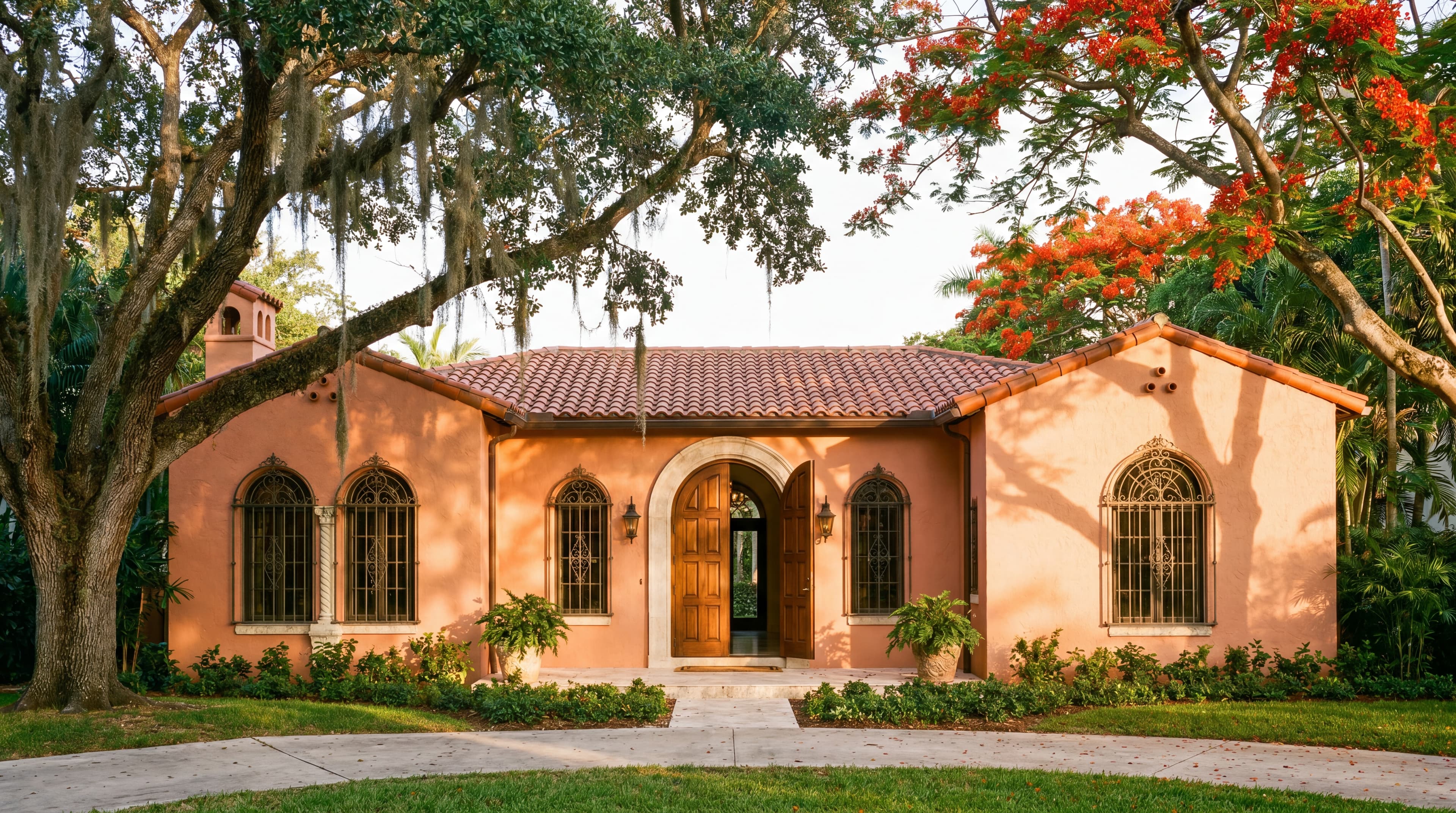Casa Mediterranean Revival con tejas rojas y entrada de terrazo original en Coral Gables, Miami