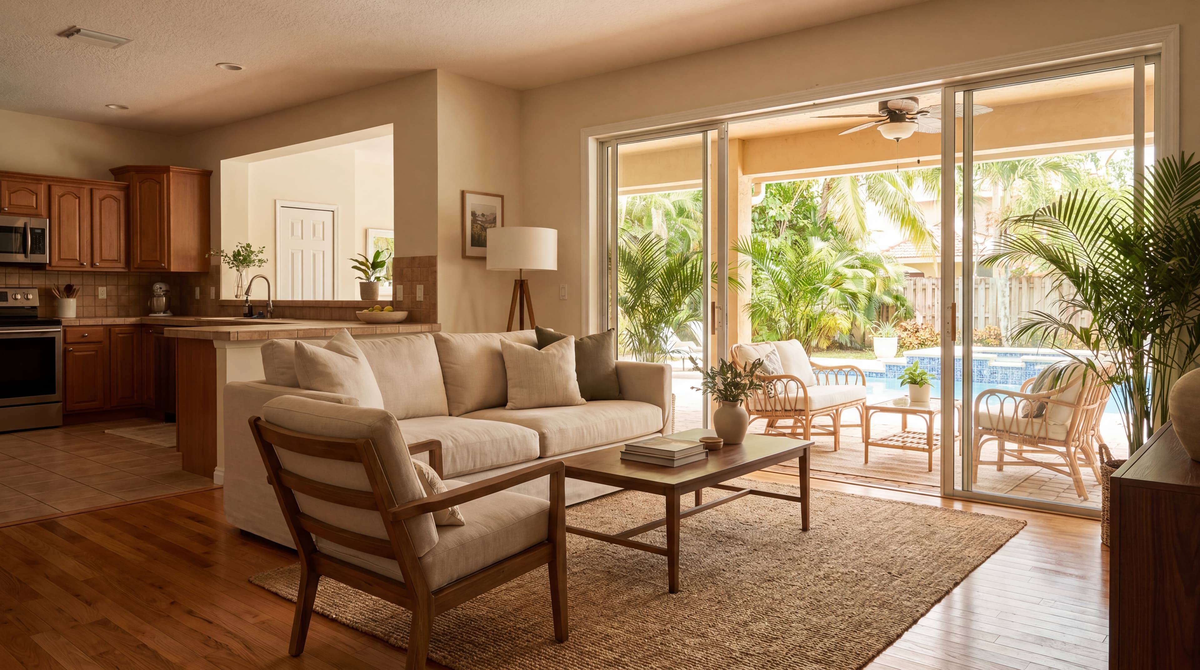 Casa suburbana en Kendall, Miami con pisos de madera y loseta