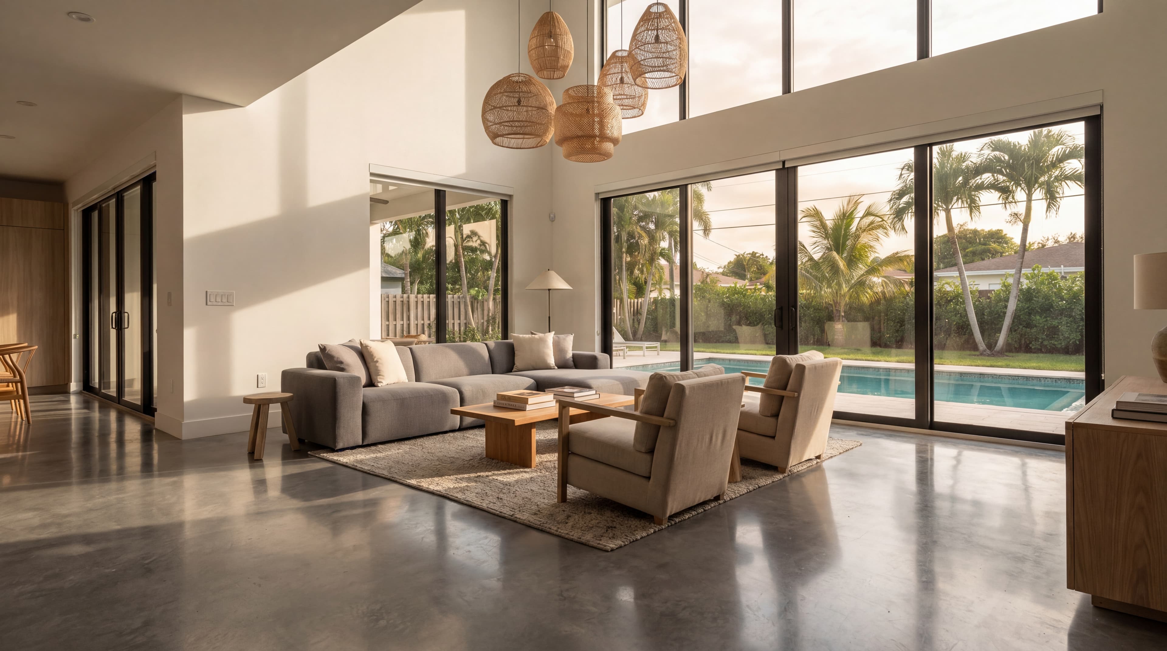 Casa contemporánea en Pembroke Pines, Florida con piso de concreto pulido y jardinería tropical