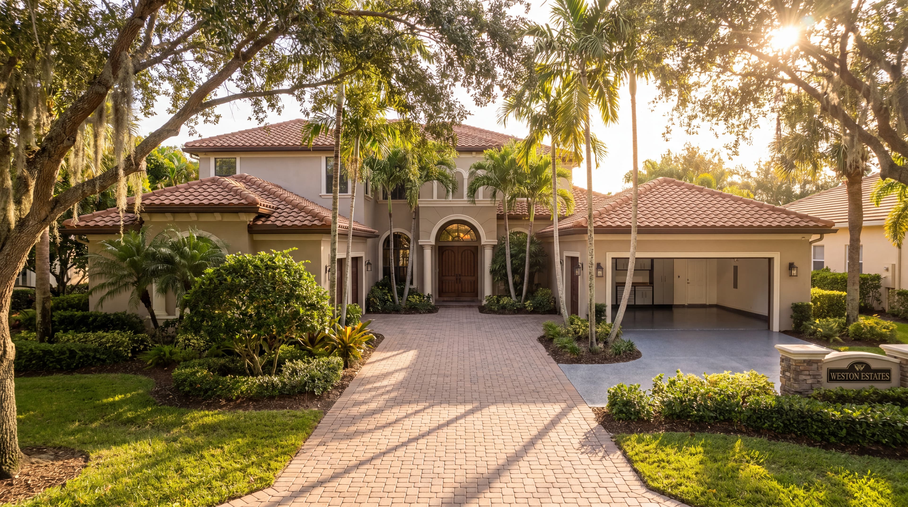 Casa suburbana de lujo estilo mediterráneo en Weston, Florida con entrada de adoquines y piso de epoxi en el garaje