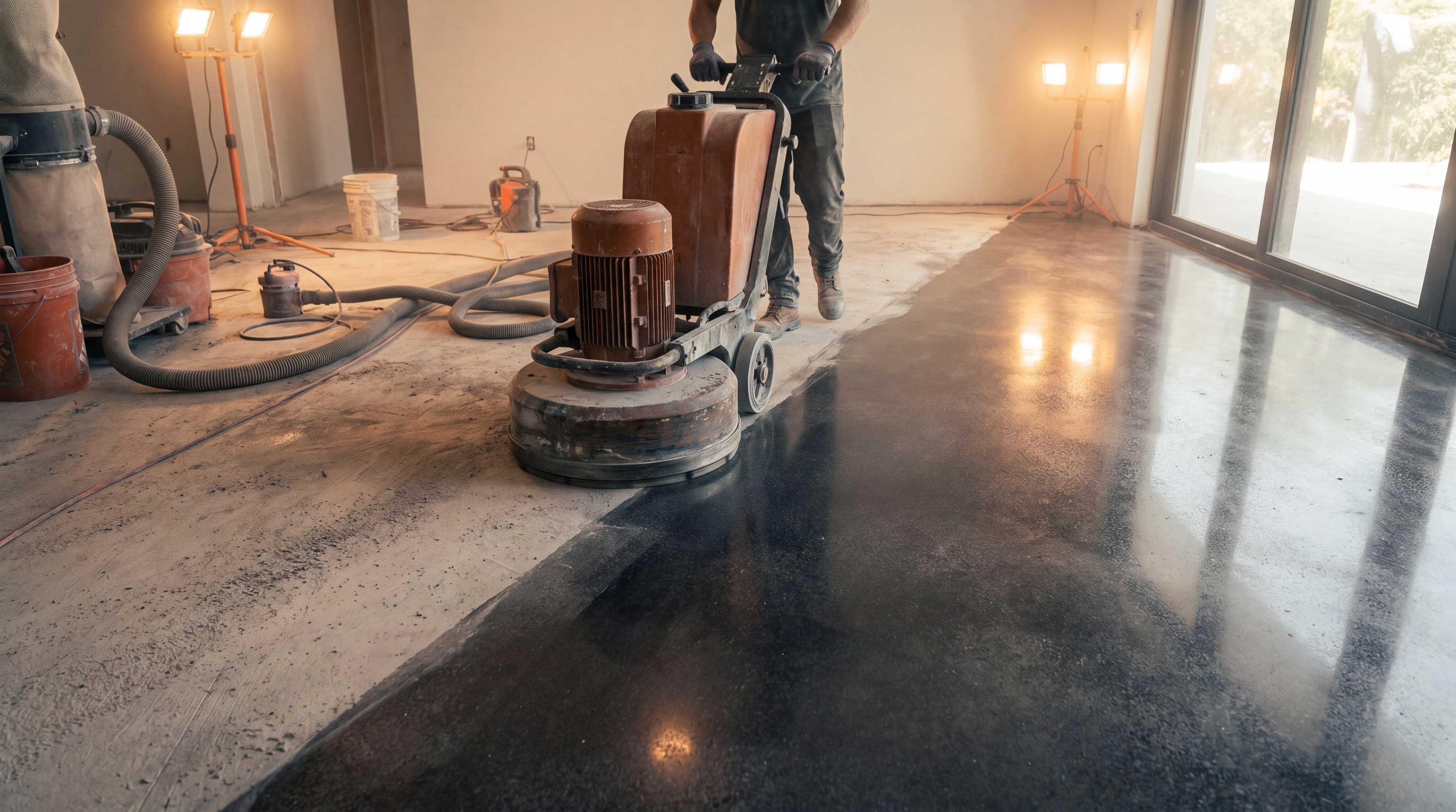 Restauración de piso de concreto en proceso en Miami