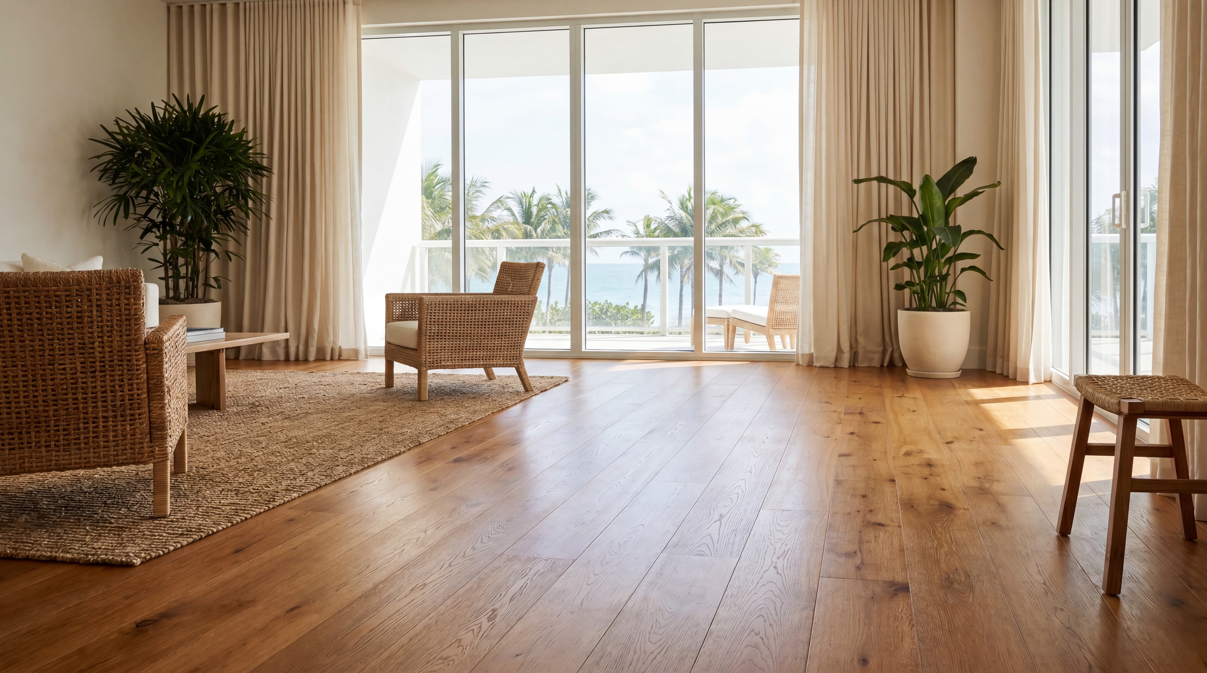 Refinished hardwood floor with warm tone in Miami