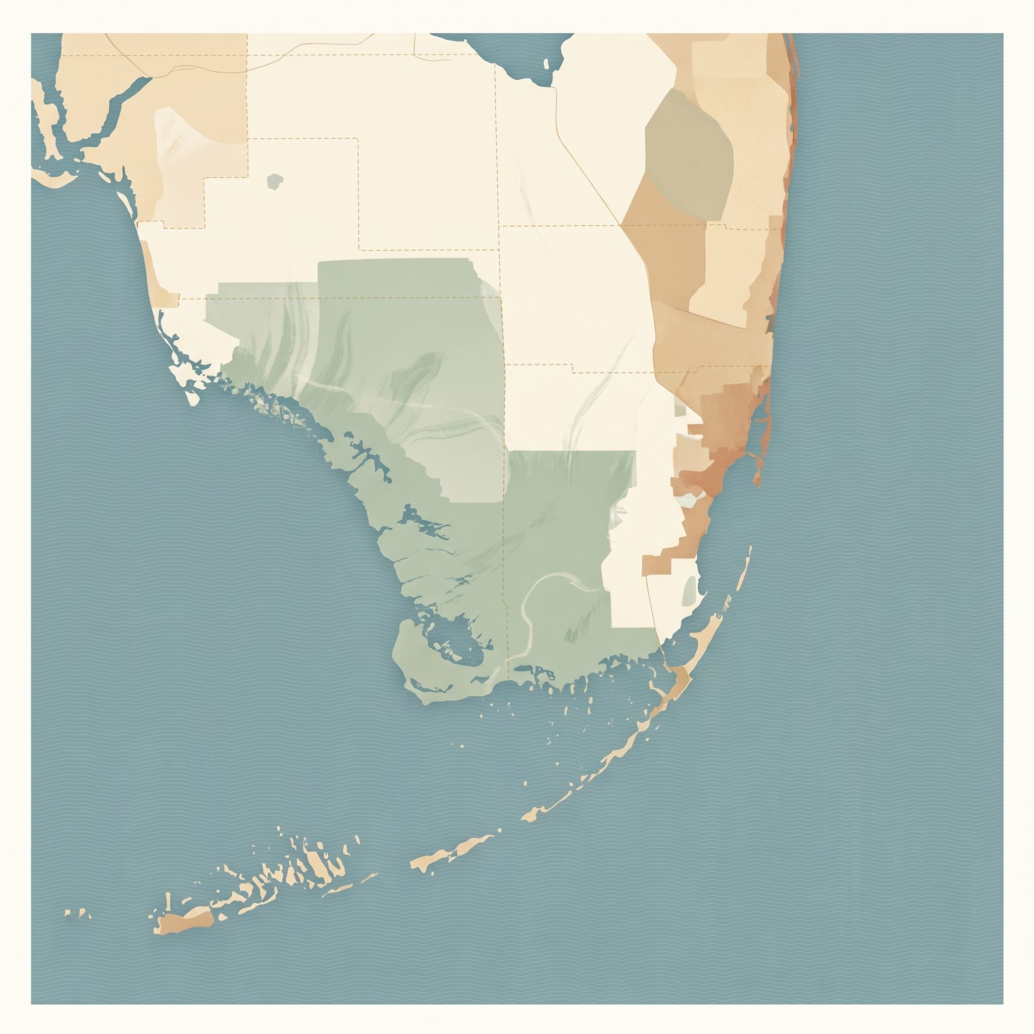 Illustrated map of South Florida showing Palm Beach, Broward, Miami-Dade, and Monroe counties (the Florida Keys), the service area for ReNewIt Floors