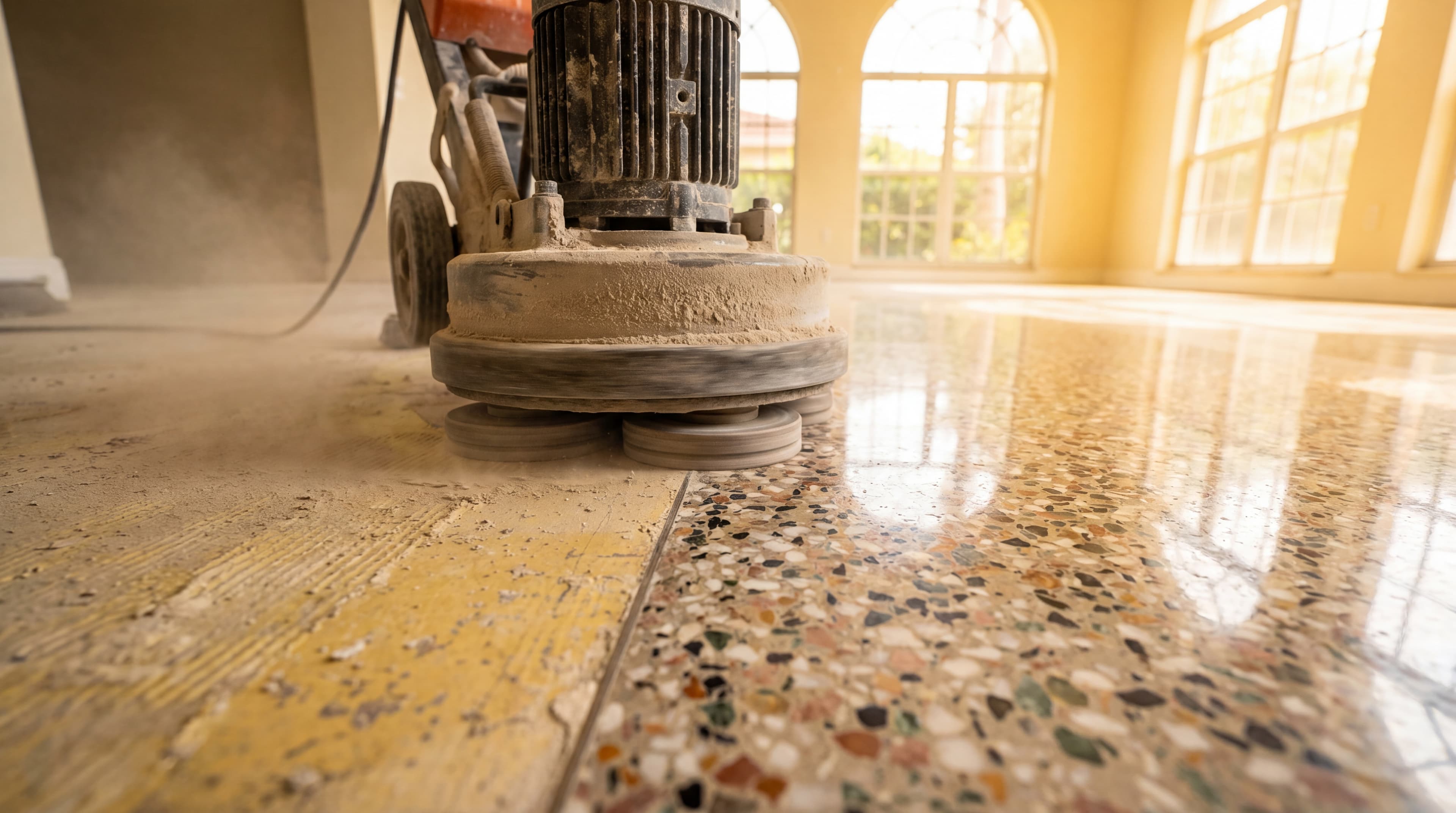 Pulidora de diamante restaurando piso de terrazo original en una casa de Miami